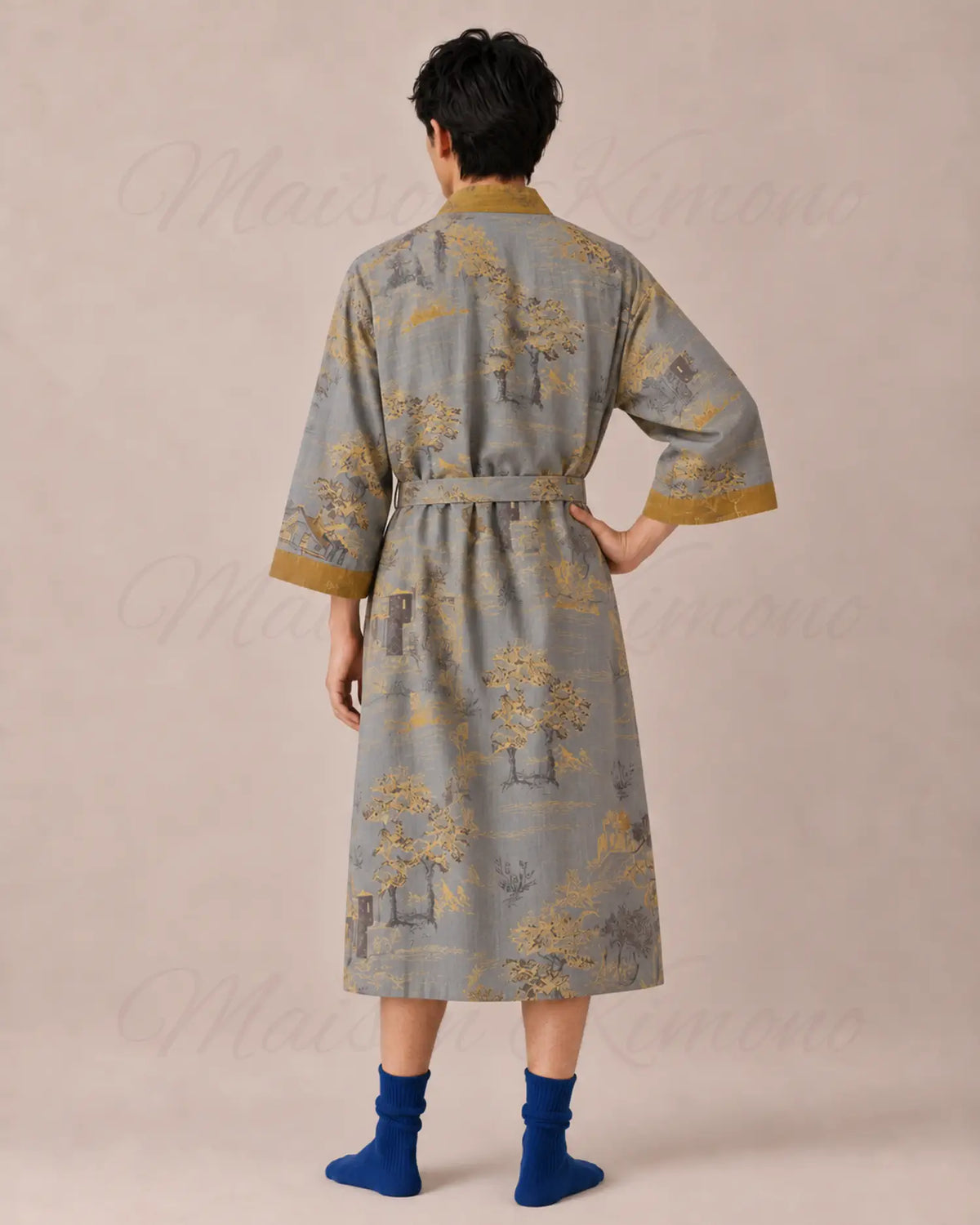 peignoir japonais homme coton gris or