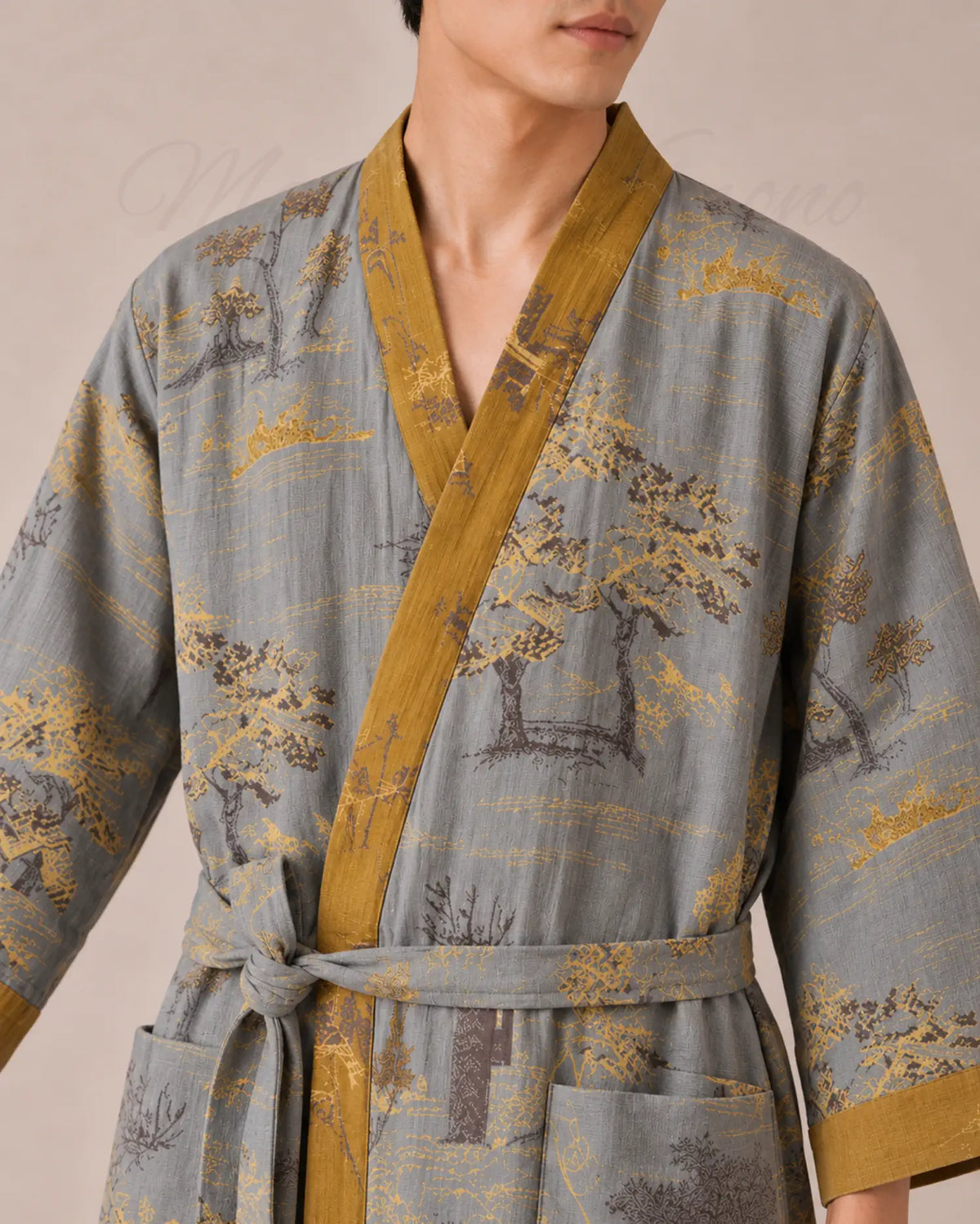 peignoir japonais homme coton gris or