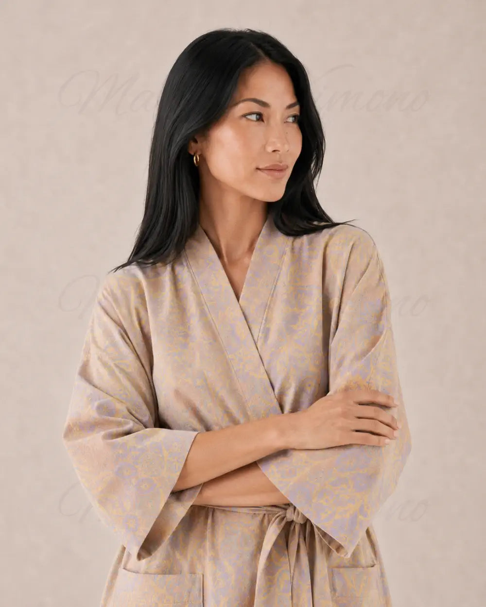 peignoir kimono femme beige coton fleuri