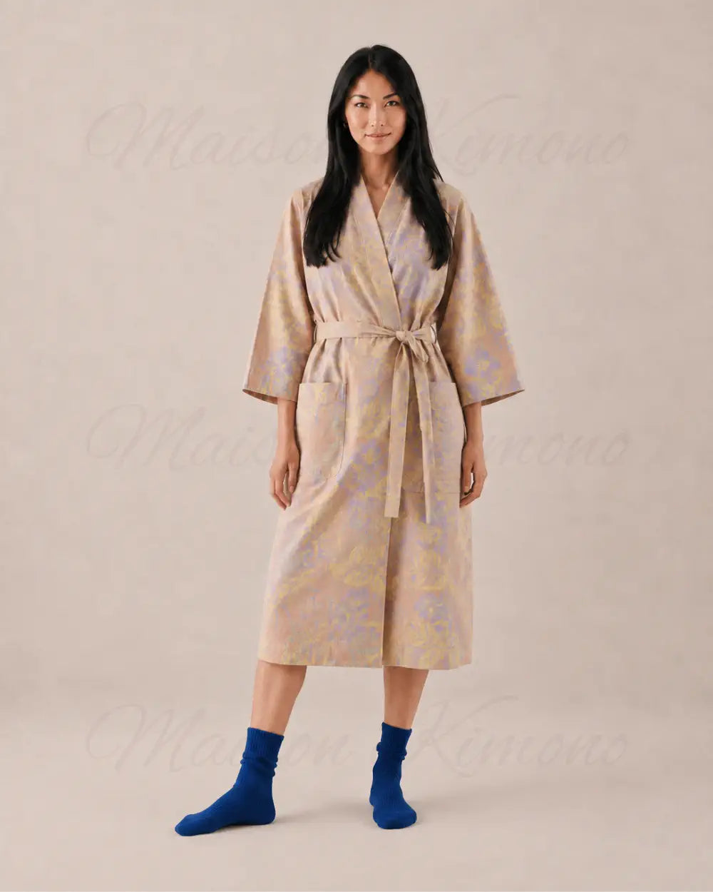 peignoir kimono femme beige coton fleuri