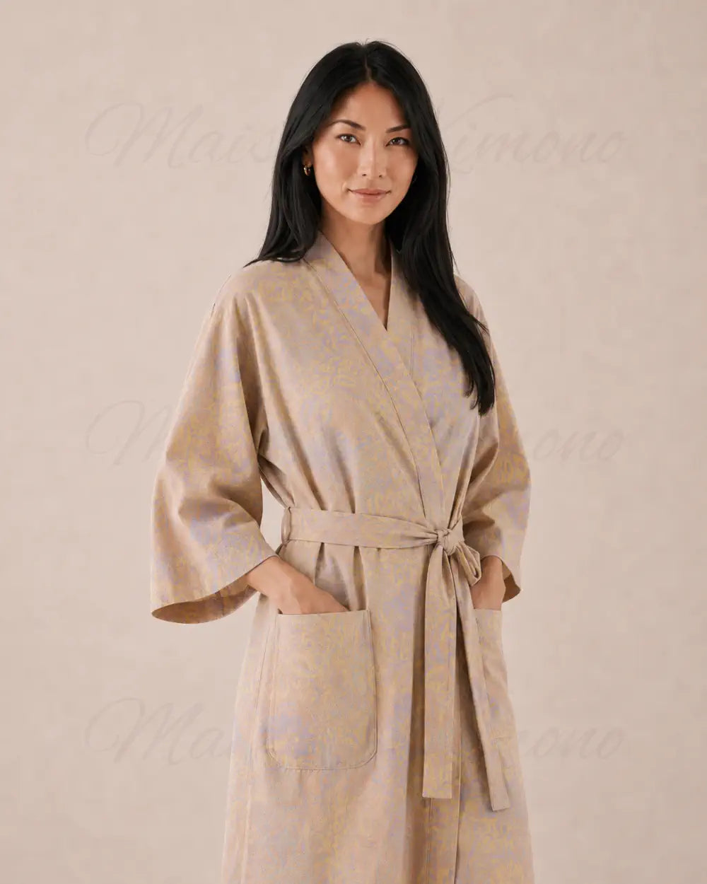 peignoir kimono femme beige coton fleuri