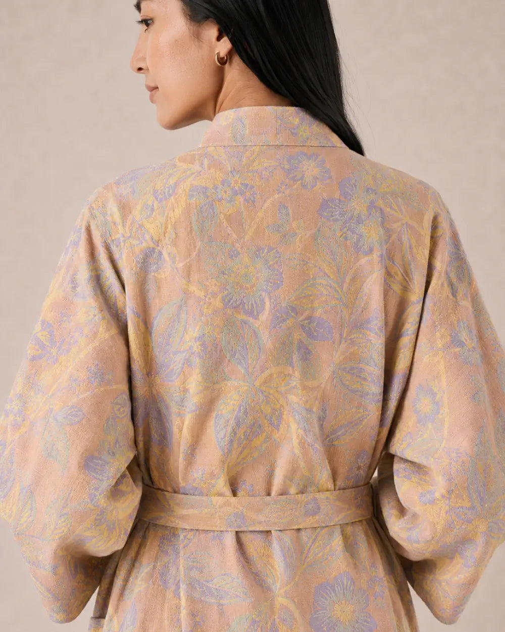 peignoir kimono femme beige coton fleuri