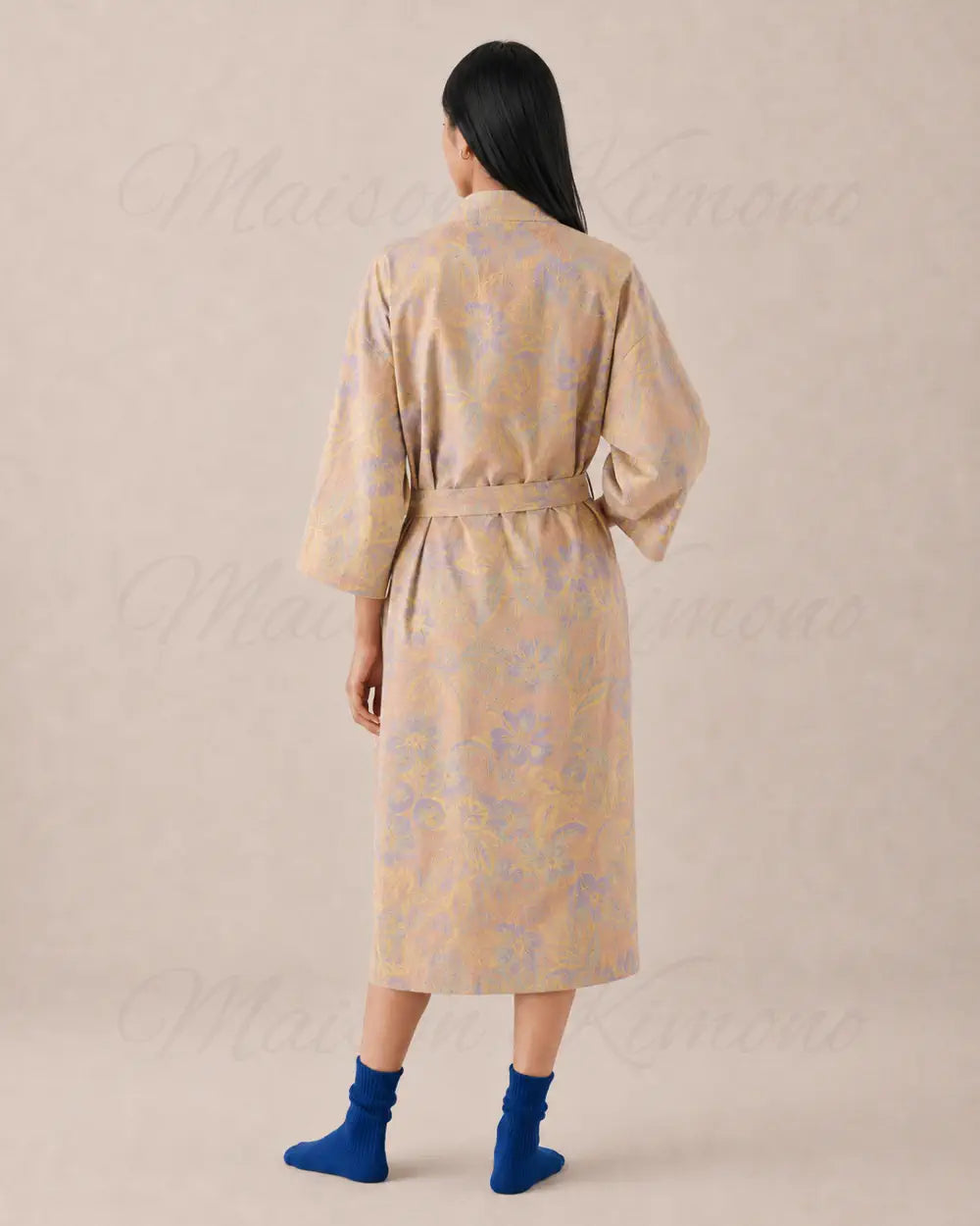 peignoir kimono femme beige coton fleuri