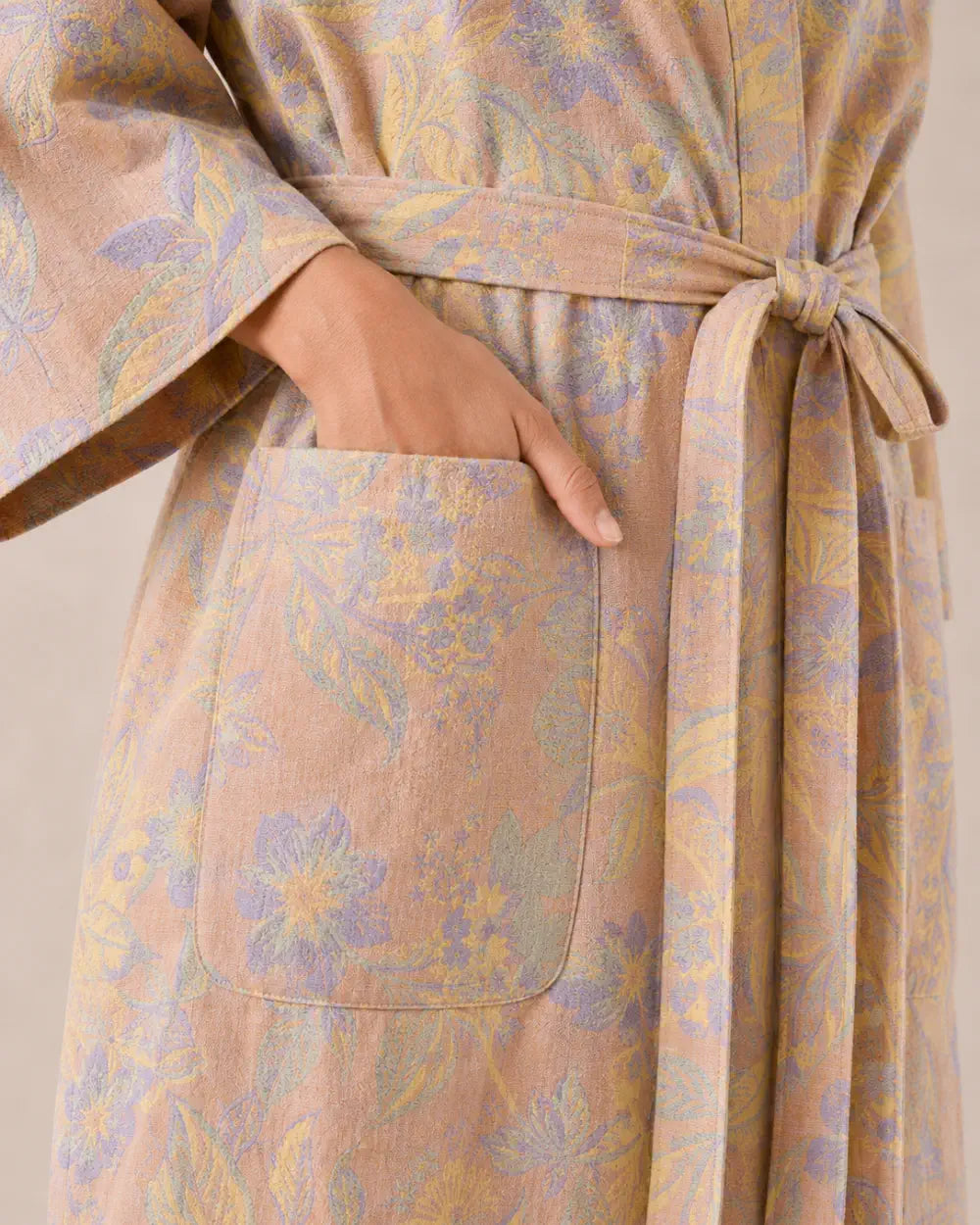 peignoir kimono femme beige coton fleuri
