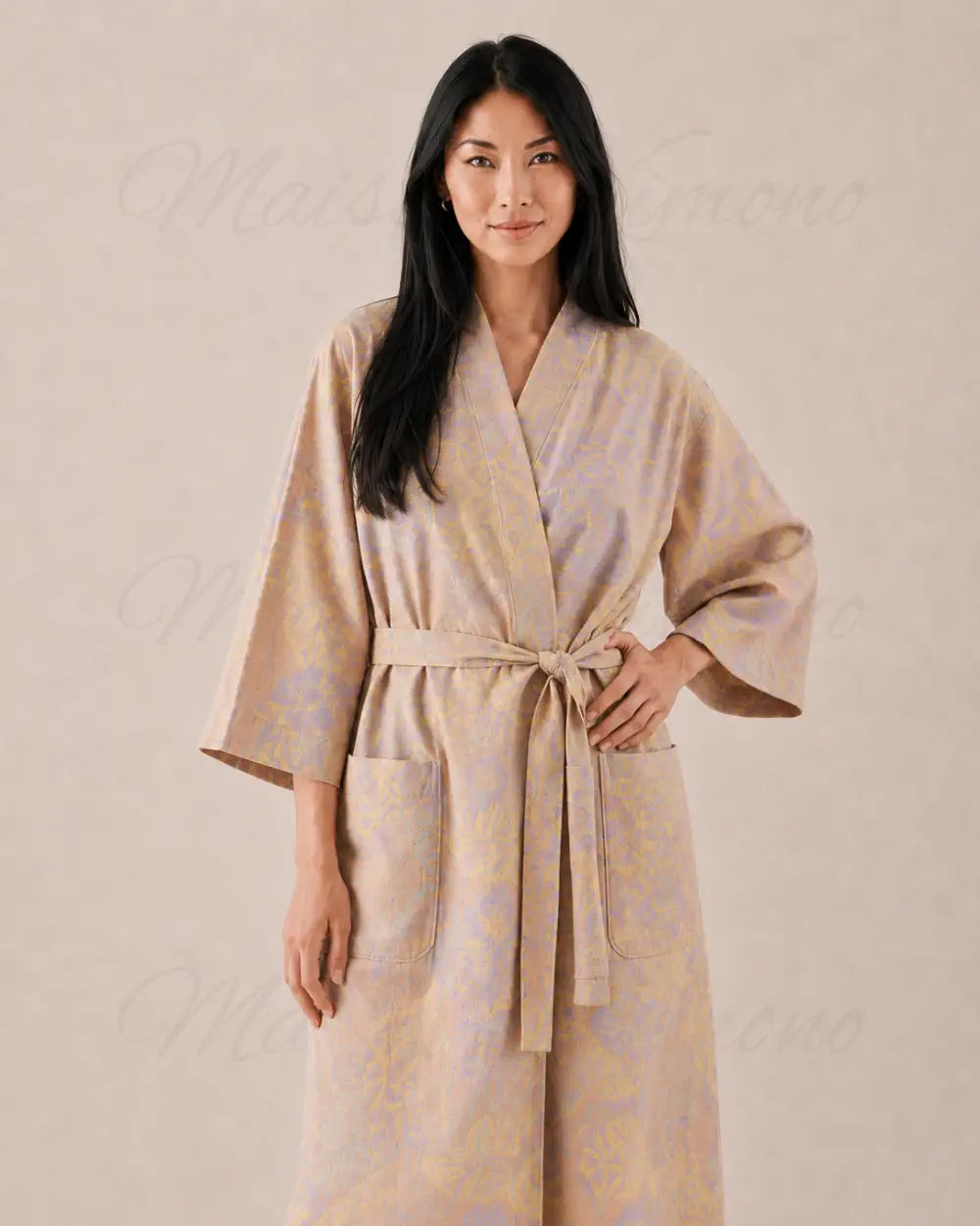 peignoir kimono femme beige coton fleuri