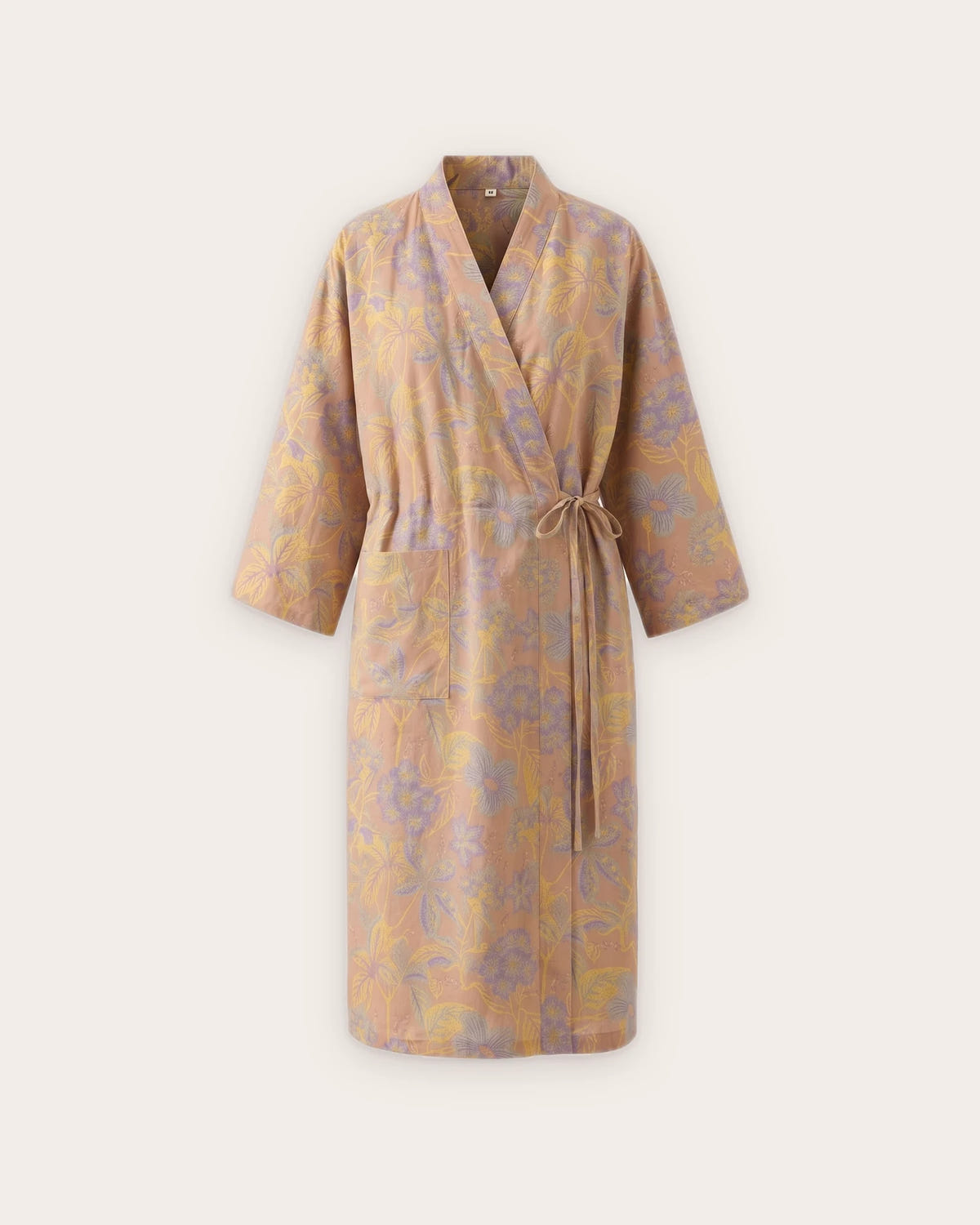 peignoir kimono femme beige coton fleuri