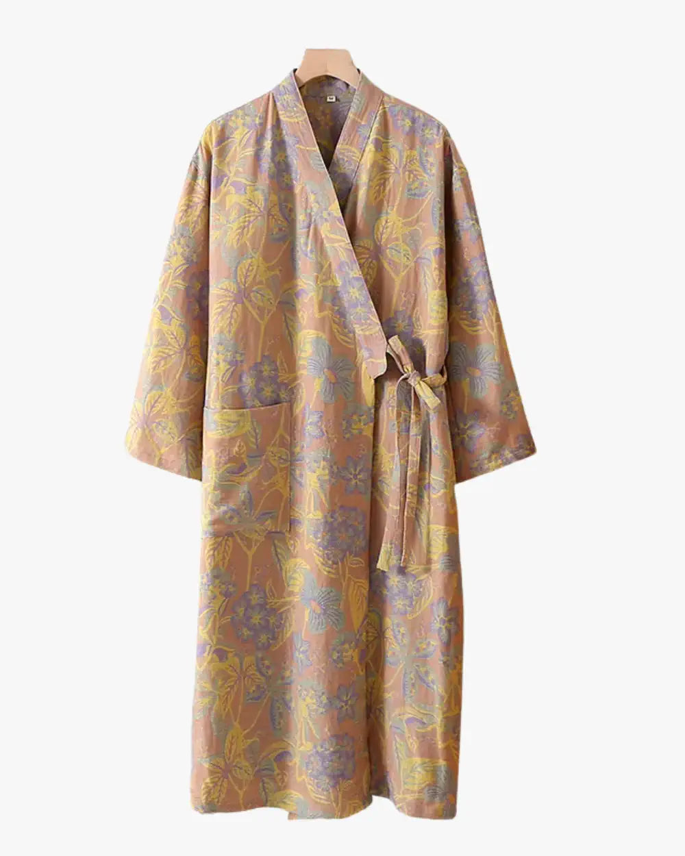 peignoir kimono femme beige coton fleuri