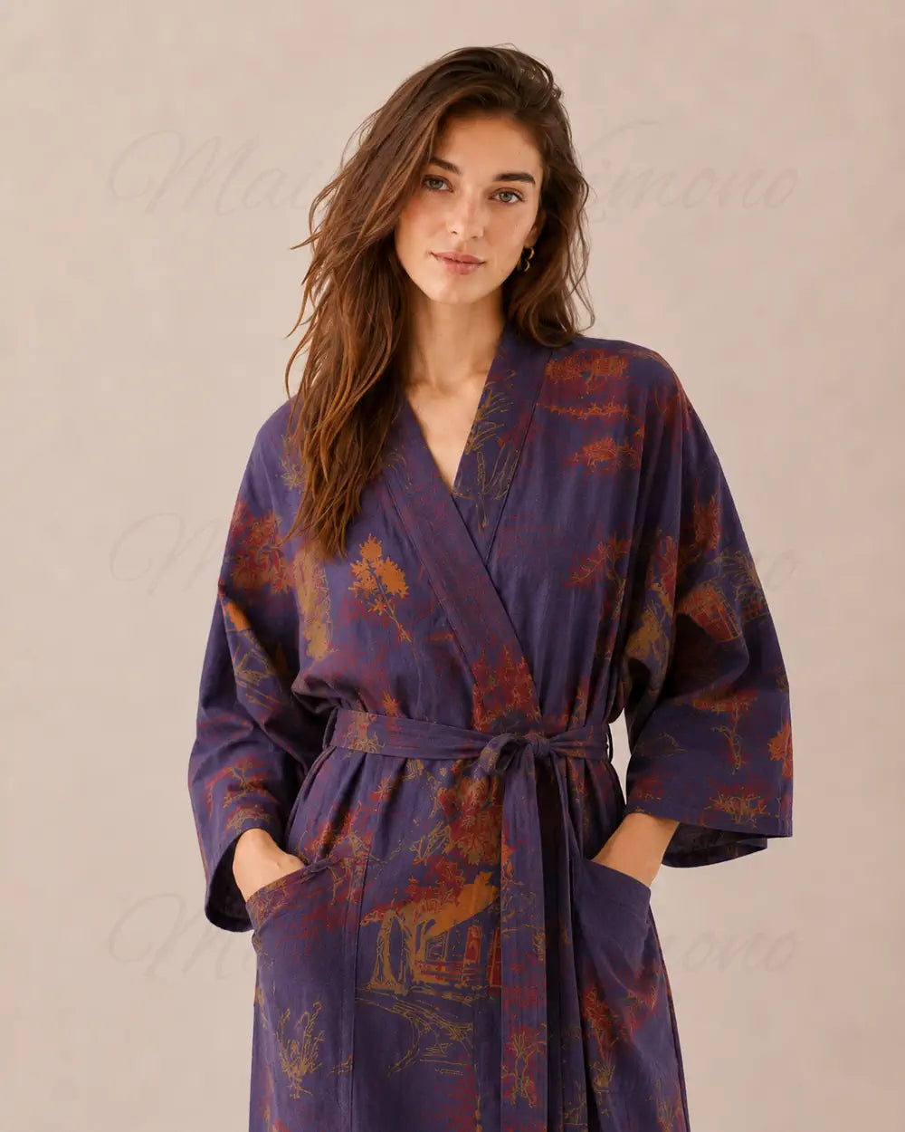 peignoir kimono femme bleu coton style japonais