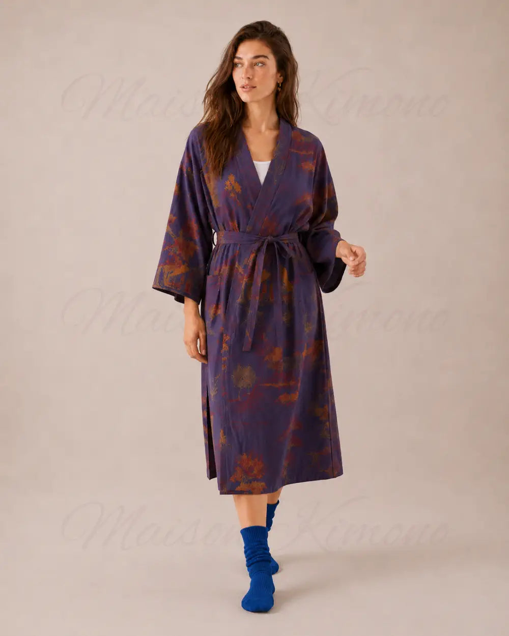 peignoir kimono femme bleu coton style japonais
