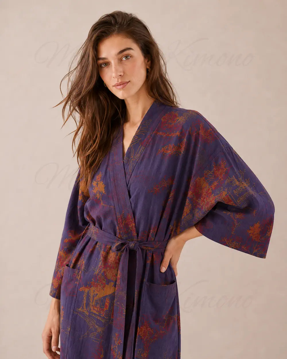 peignoir kimono femme bleu coton style japonais