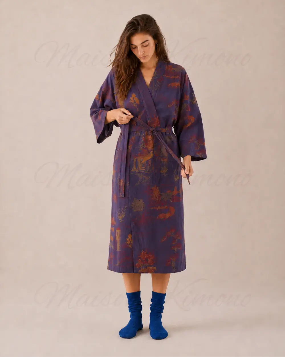 peignoir kimono femme bleu coton style japonais