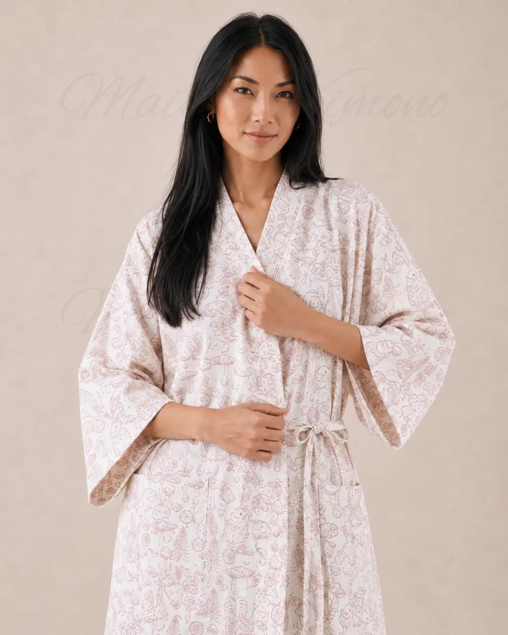 peignoir kimono femme coton blanc fleuri