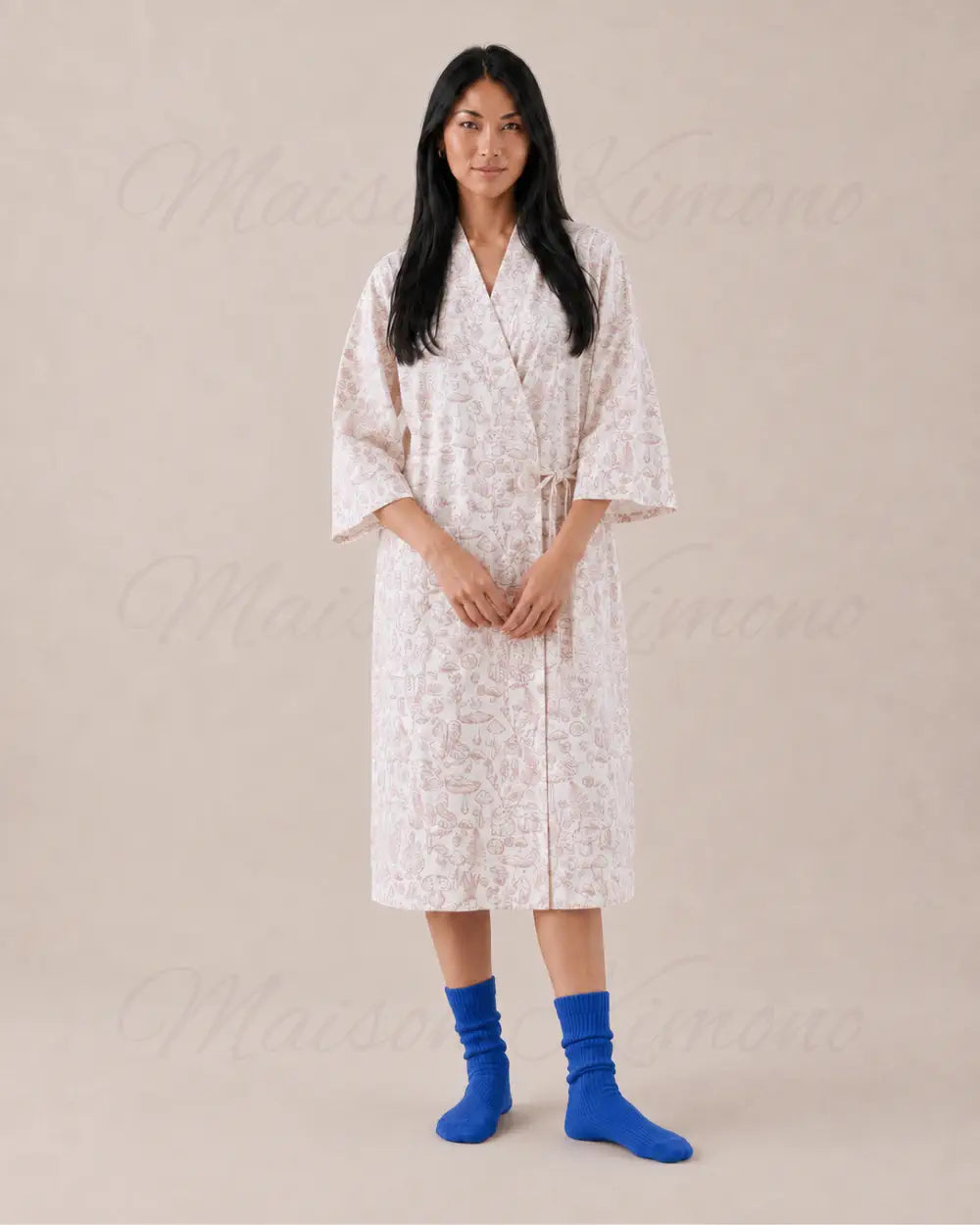 peignoir kimono femme coton blanc fleuri