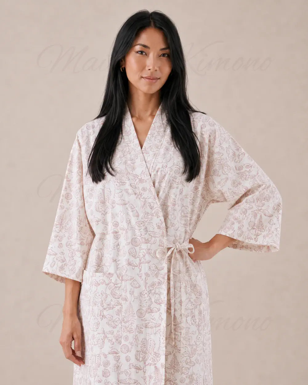 peignoir kimono femme coton blanc fleuri