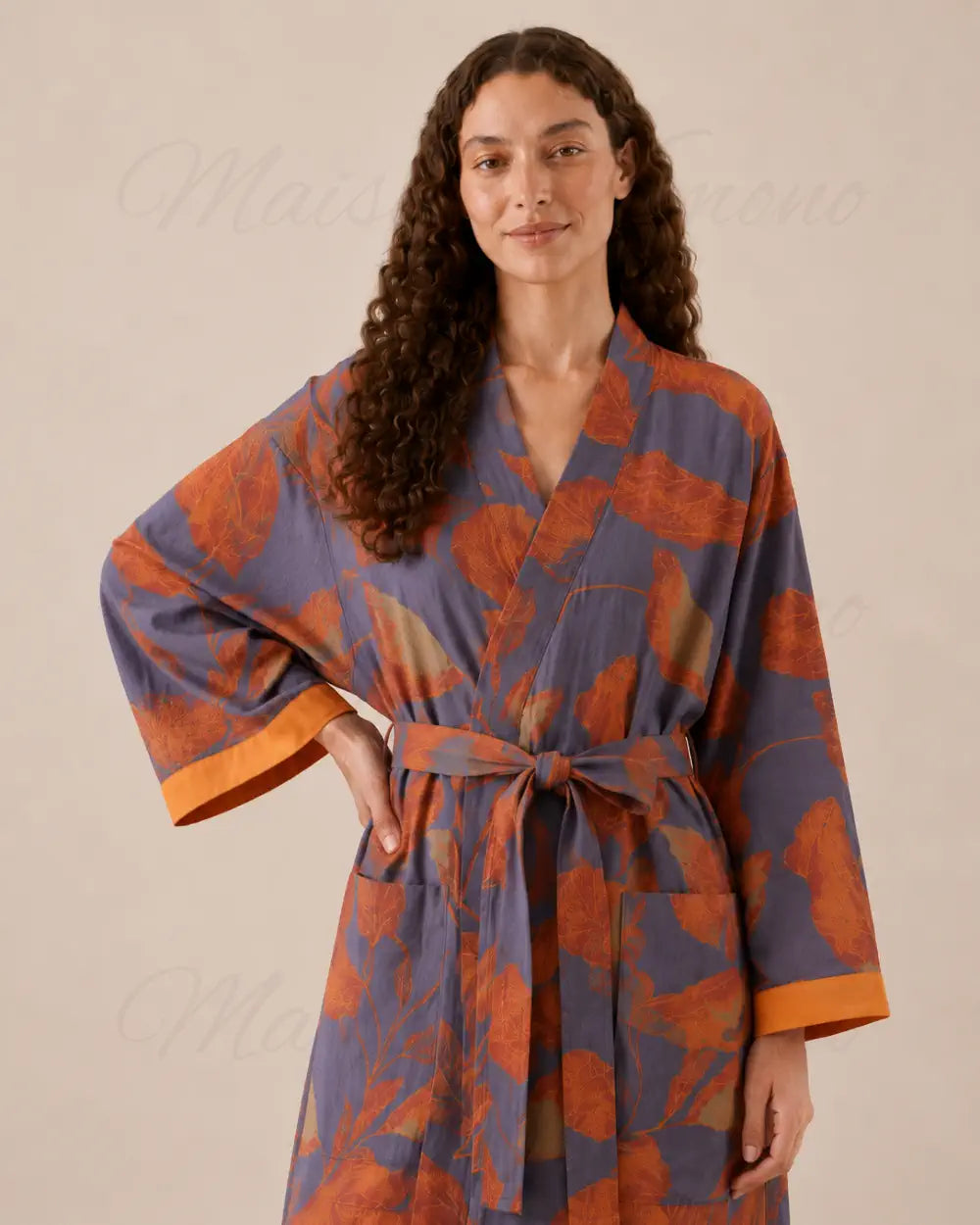 peignoir kimono femme coton orange bleu