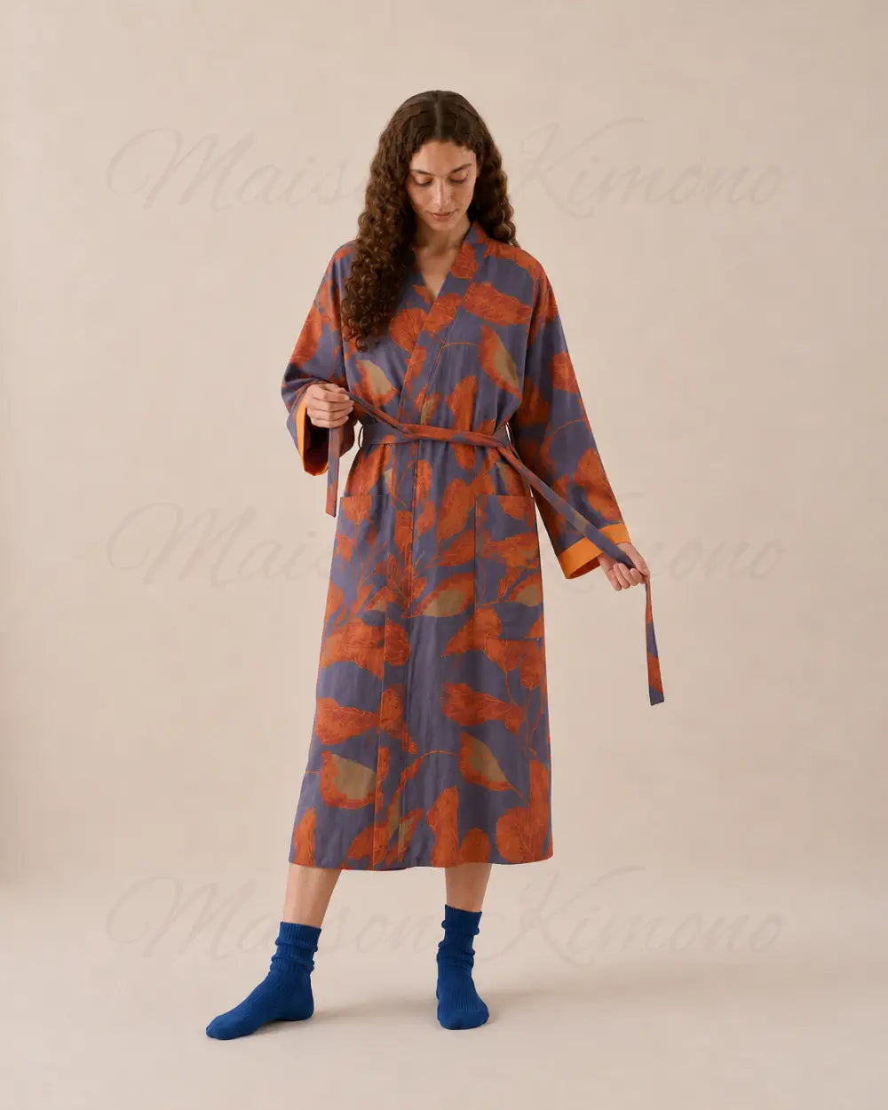 peignoir kimono femme coton orange bleu