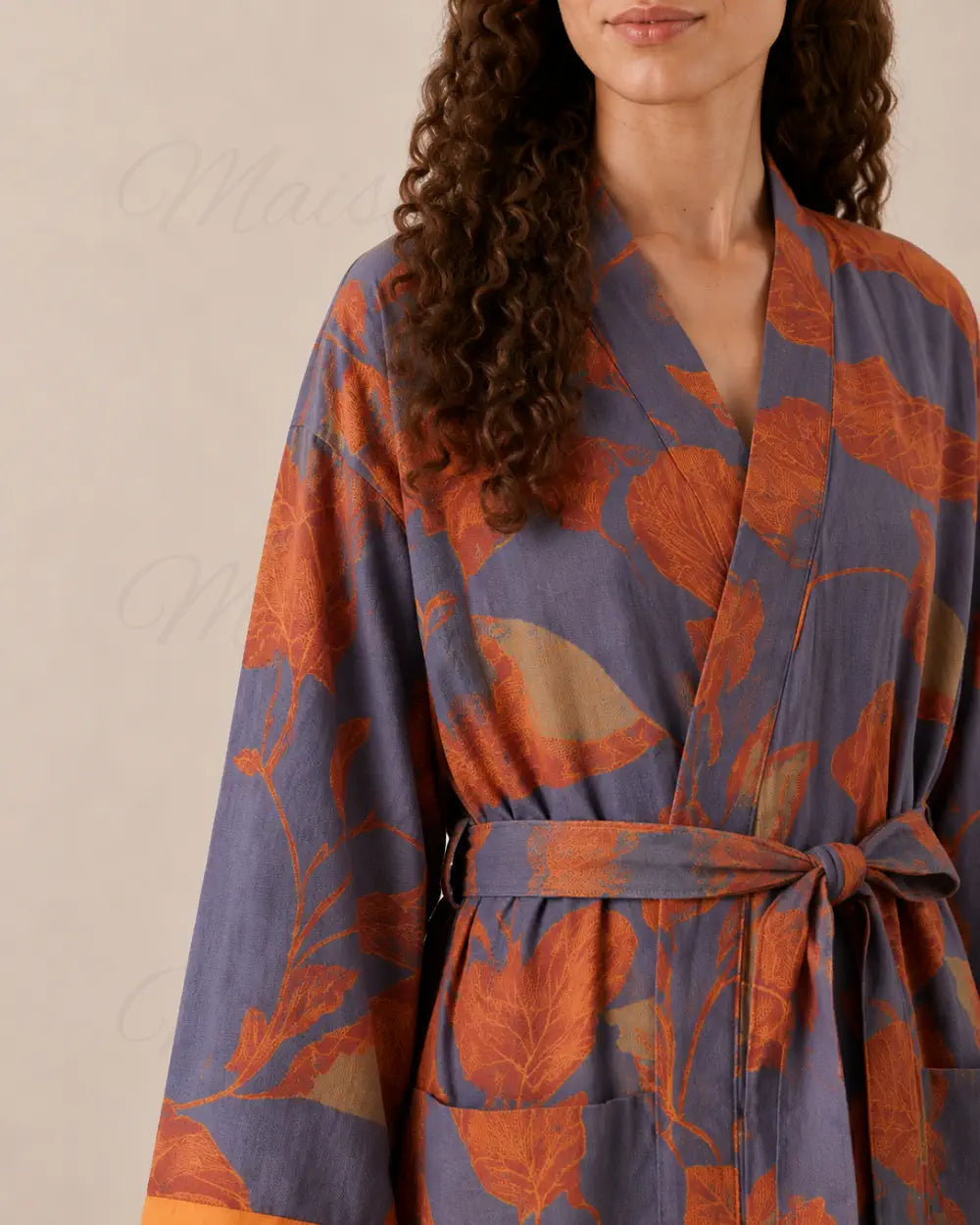 peignoir kimono femme coton orange bleu