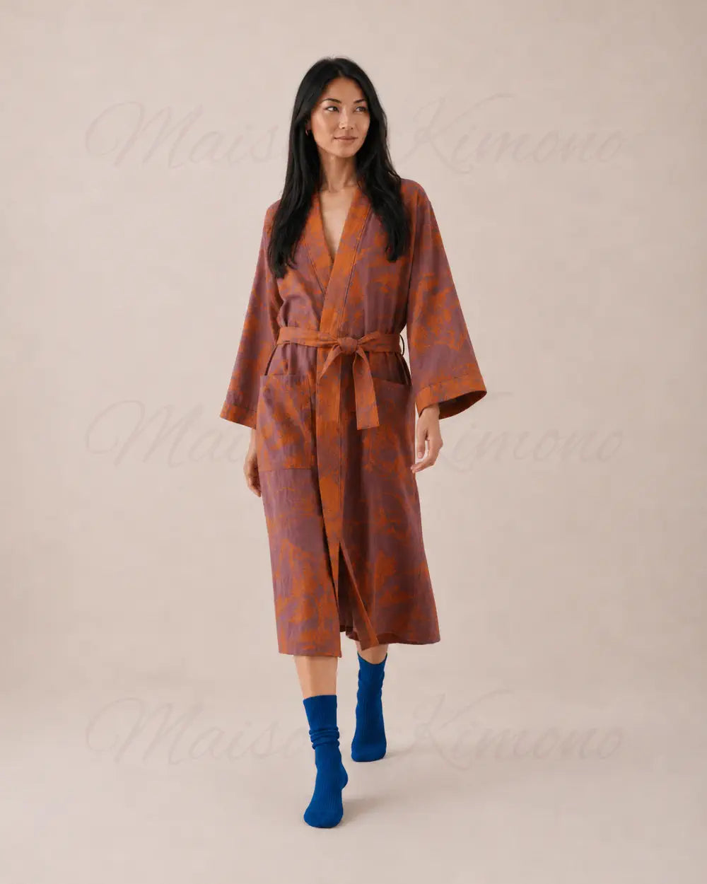 peignoir kimono femme coton orange col V