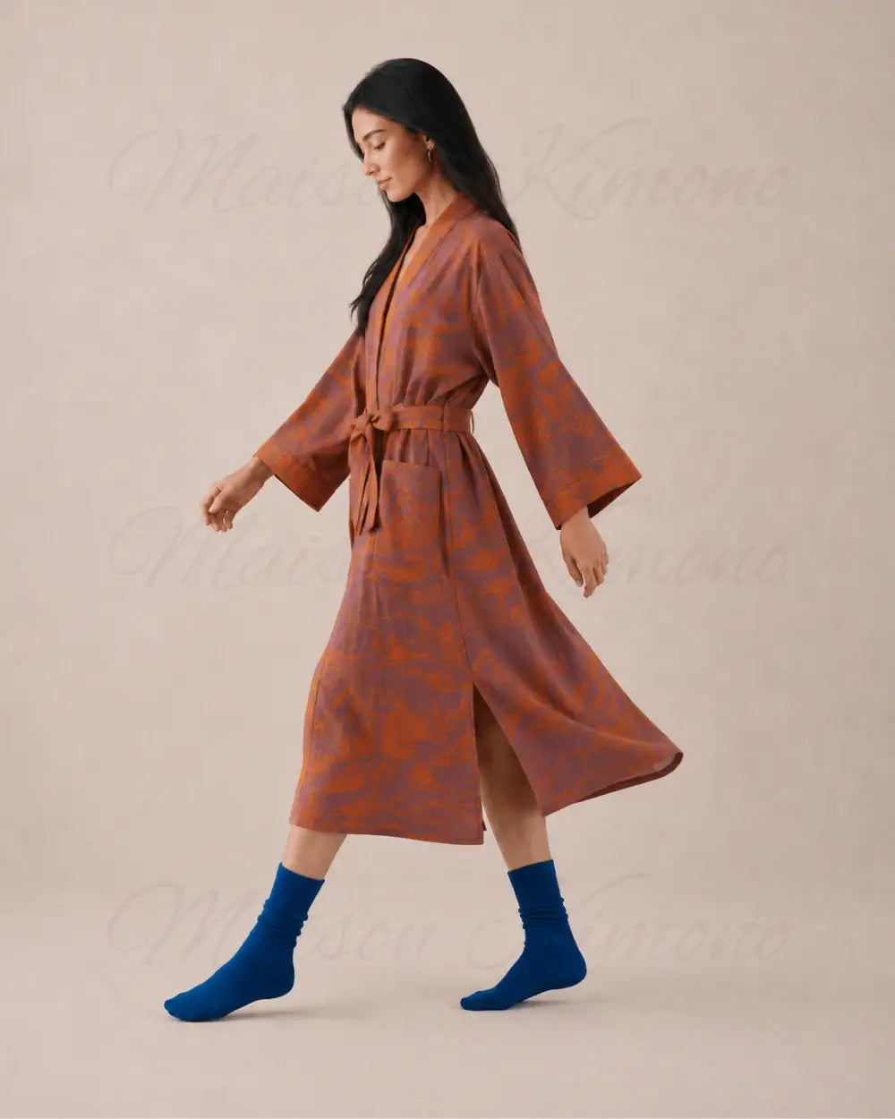 peignoir kimono femme coton orange col V