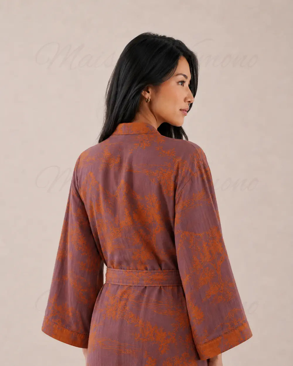 peignoir kimono femme coton orange col V