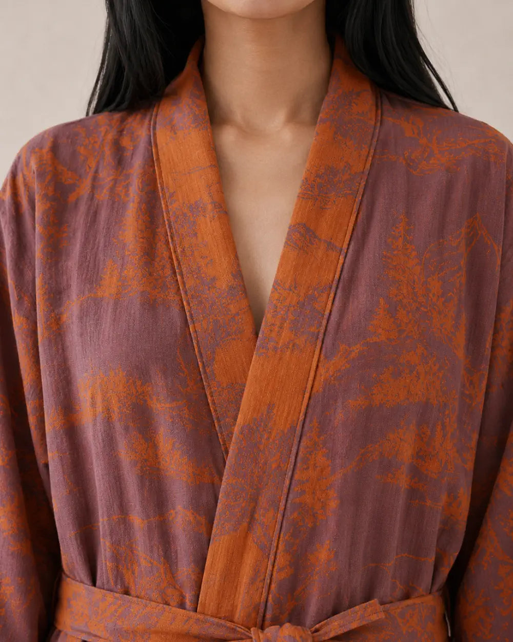 peignoir kimono femme coton orange col V