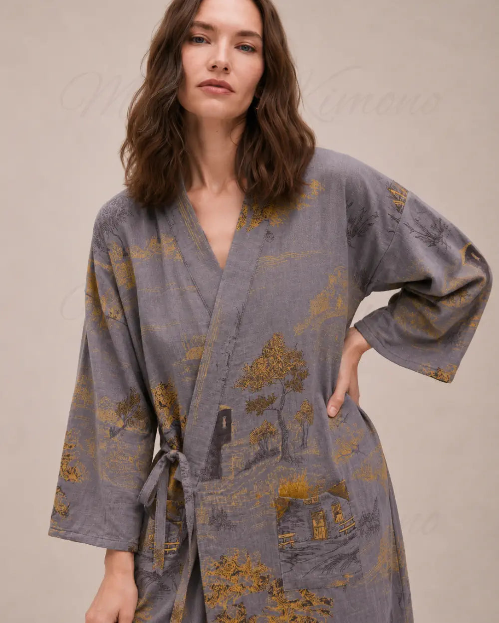 peignoir kimono femme gris coton