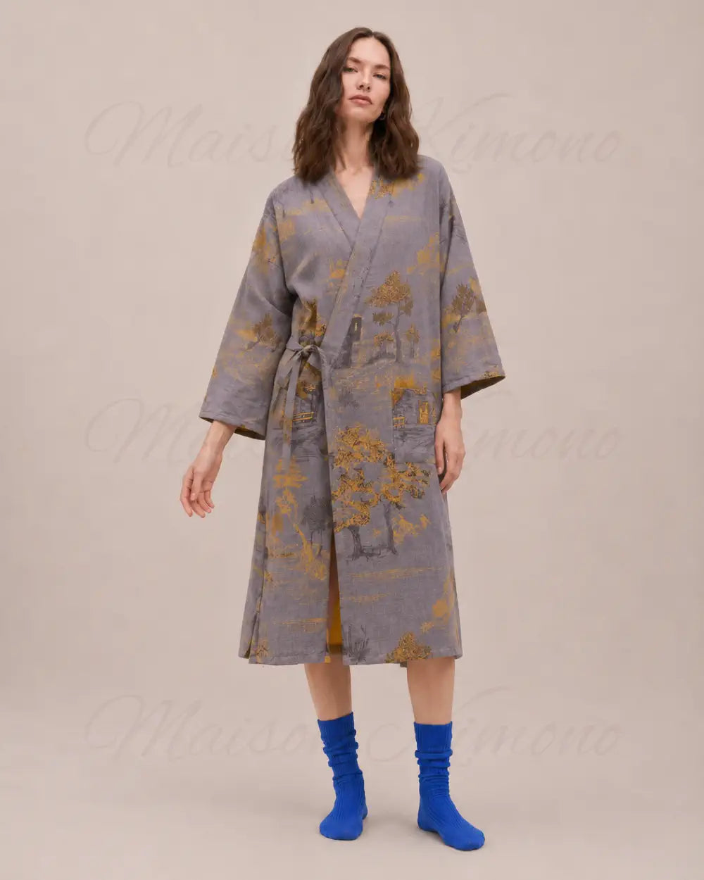 peignoir kimono femme gris coton