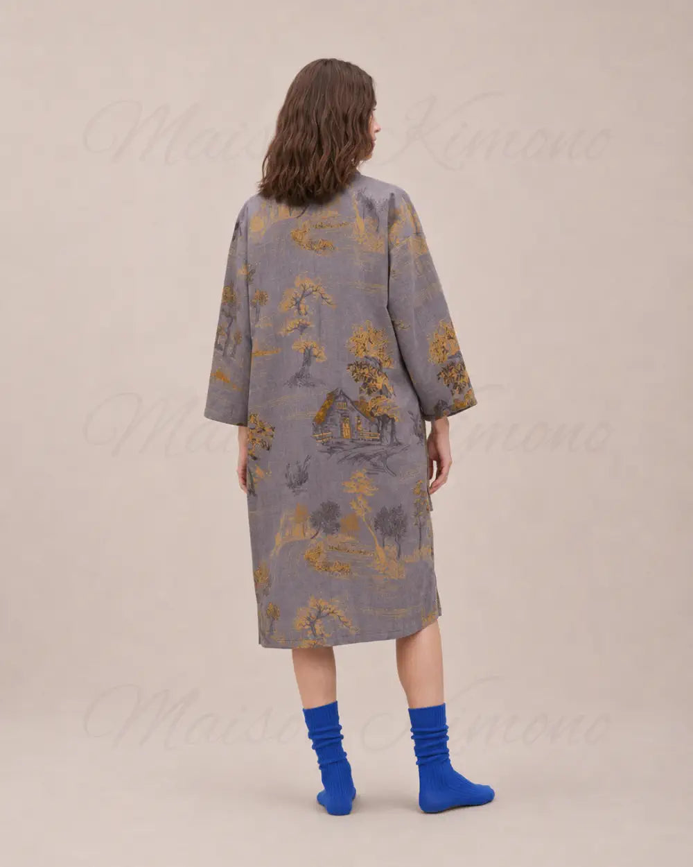 peignoir kimono femme gris coton
