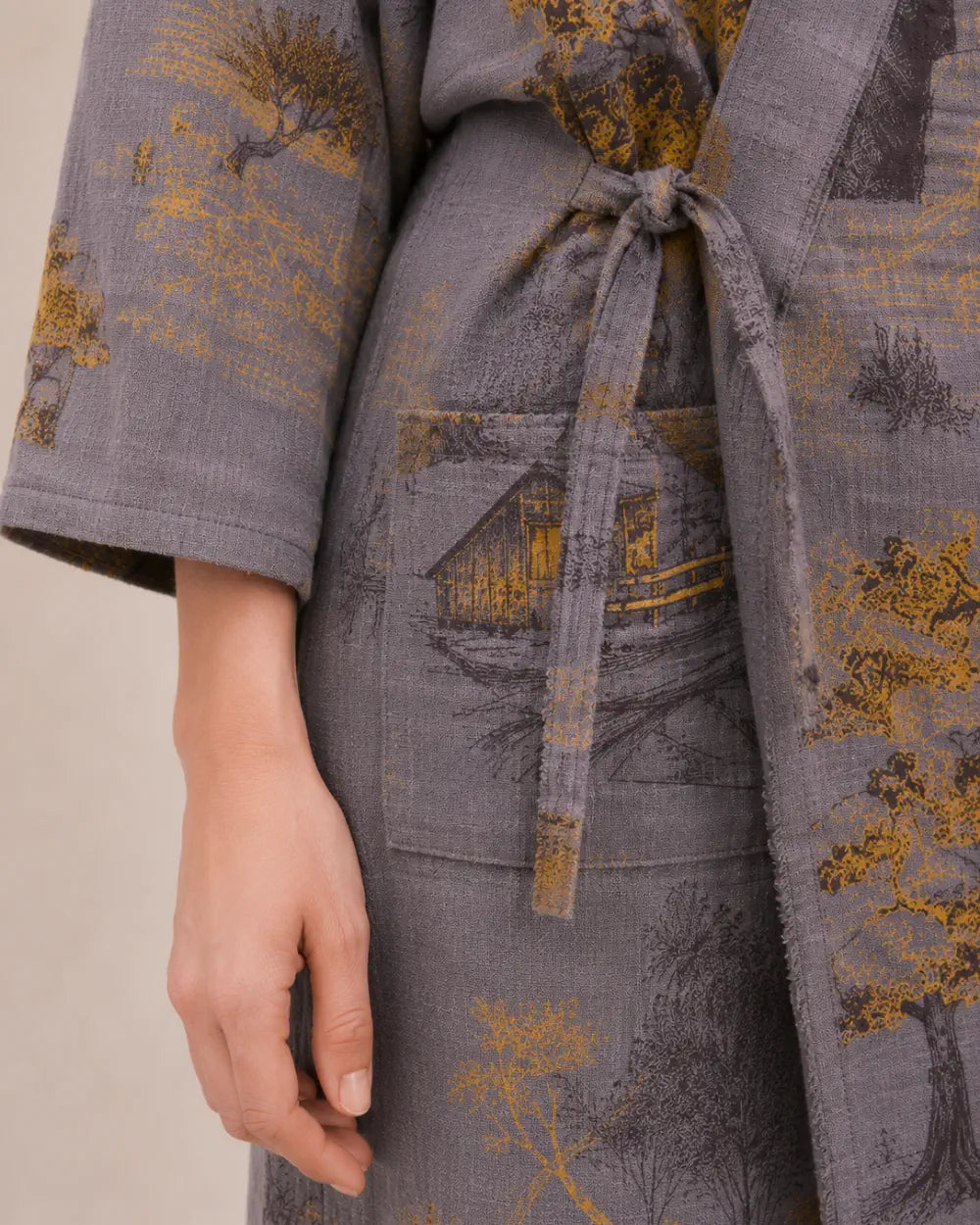 peignoir kimono femme gris coton