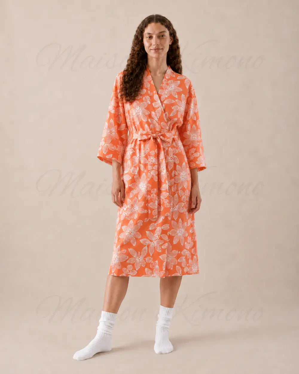 peignoir kimono femme orange fleuri japonais