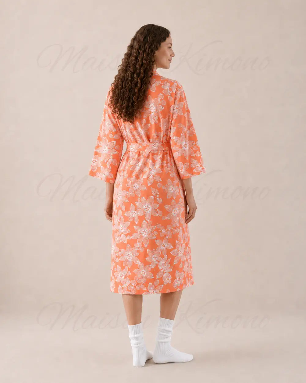 peignoir kimono femme orange fleuri japonais