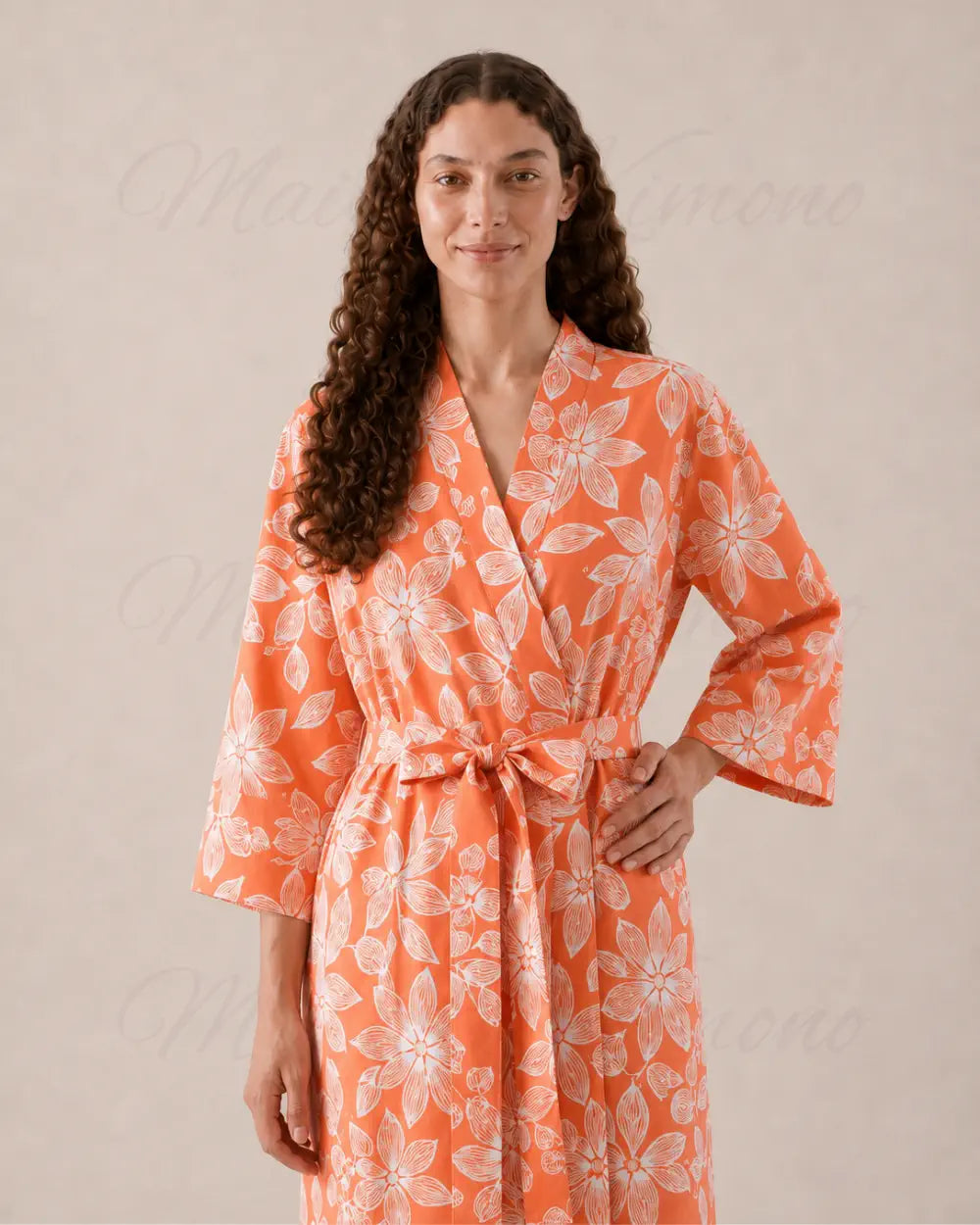 peignoir kimono femme orange fleuri japonais