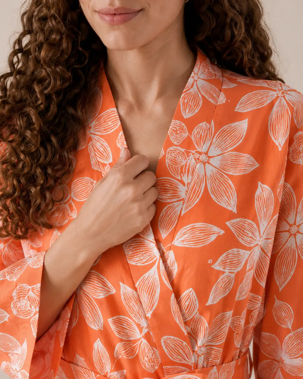 peignoir kimono femme orange fleuri japonais