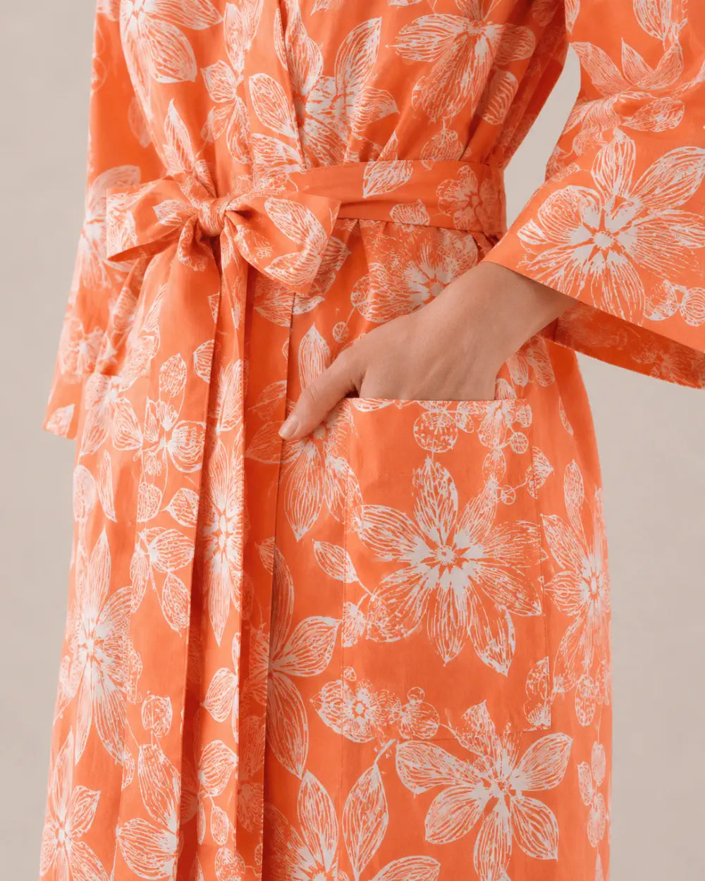 peignoir kimono femme orange fleuri japonais