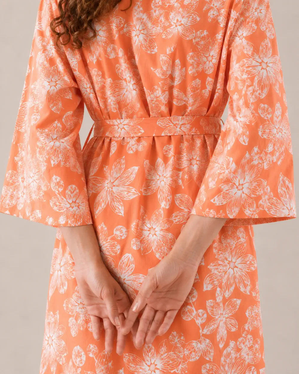 peignoir kimono femme orange fleuri japonais