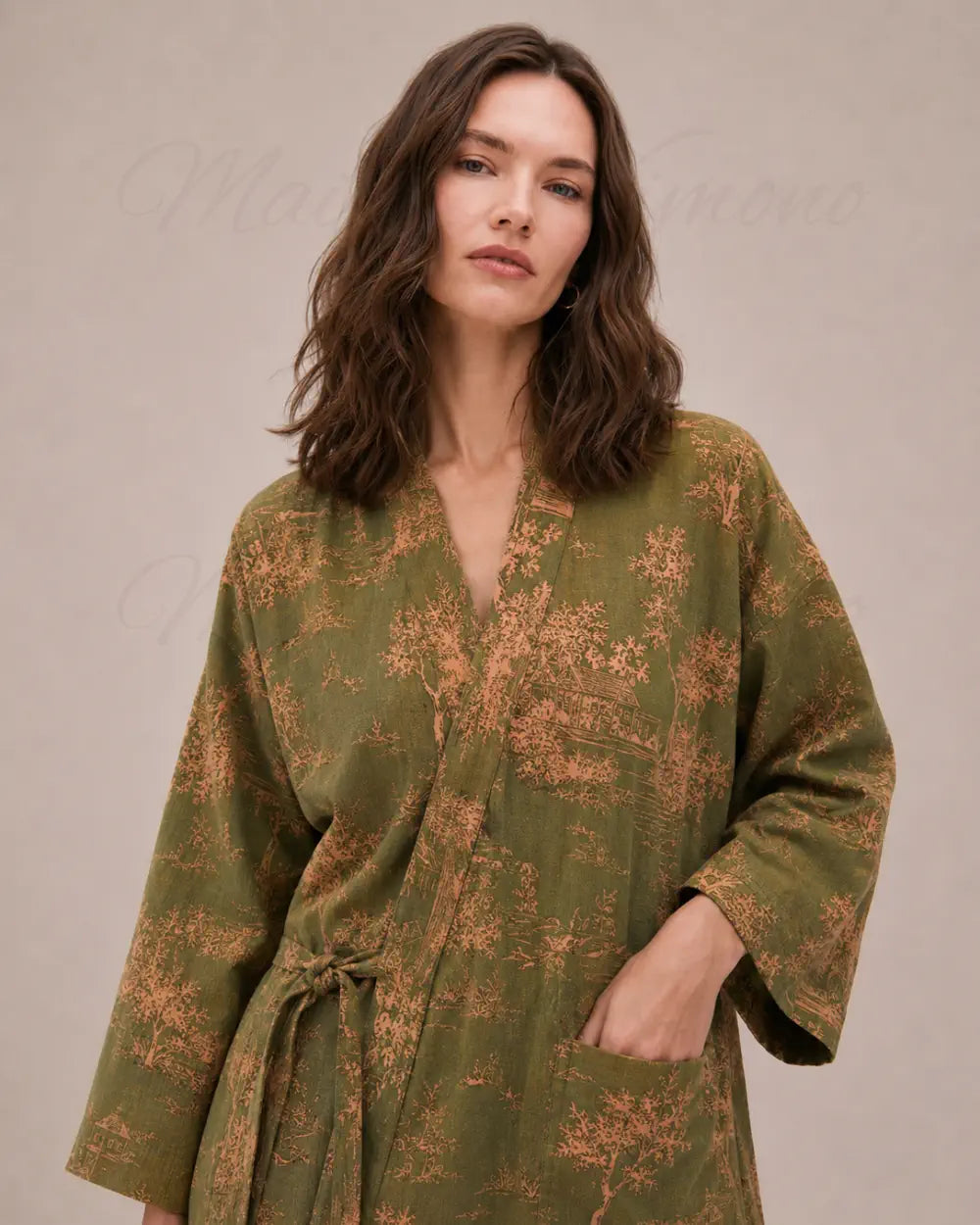 peignoir kimono femme vert coton