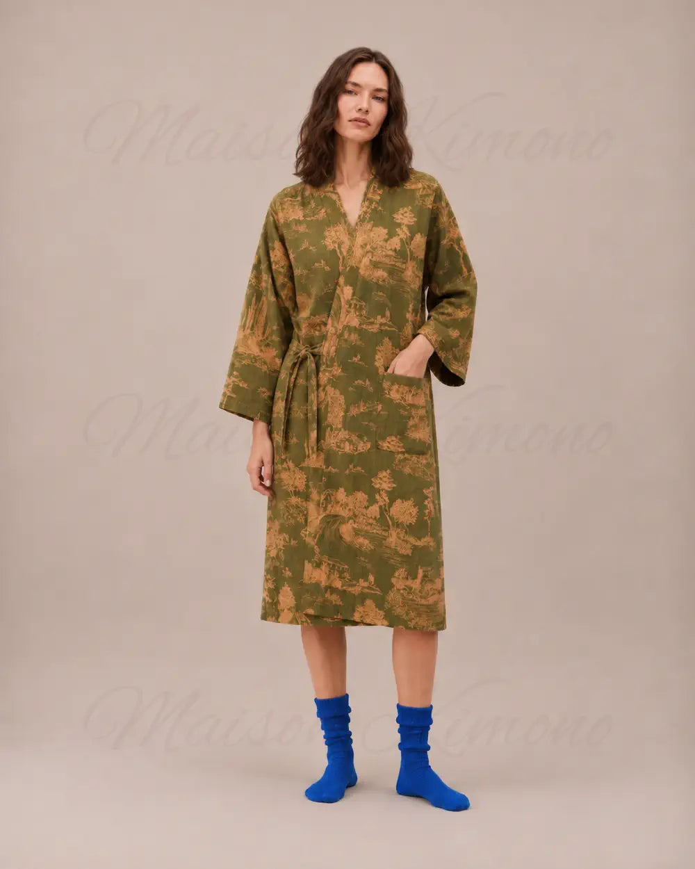 peignoir kimono femme vert coton
