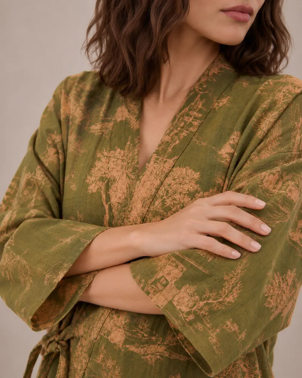 peignoir kimono femme vert coton