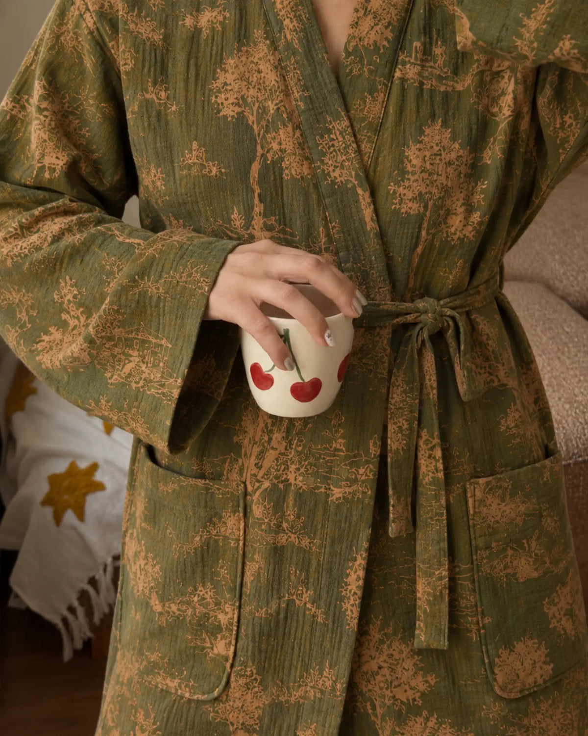peignoir kimono femme vert coton