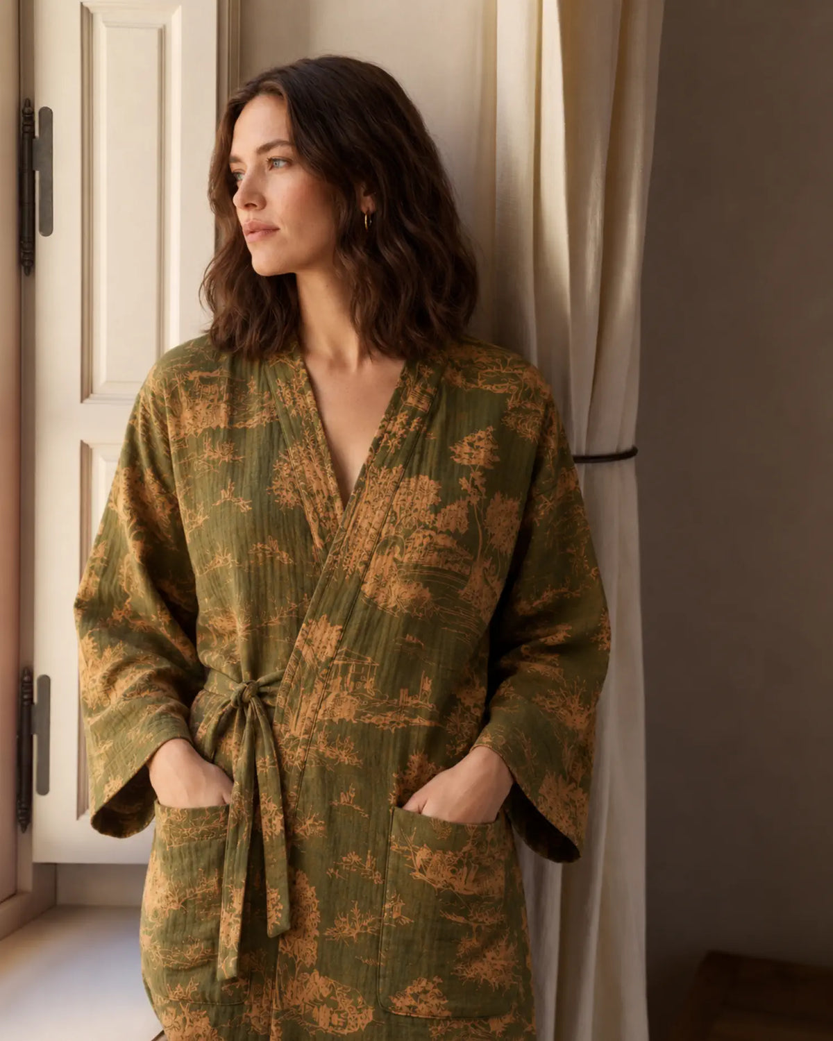 peignoir kimono femme vert coton