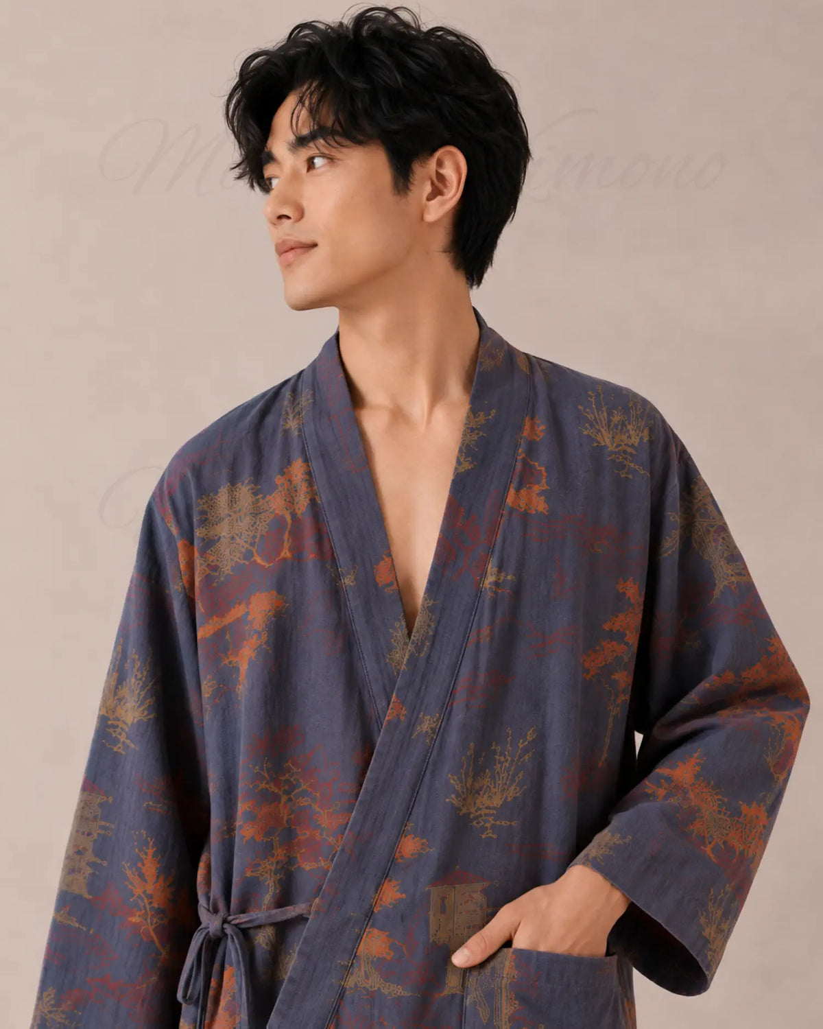 peignoir kimono homme coton bleu japonais