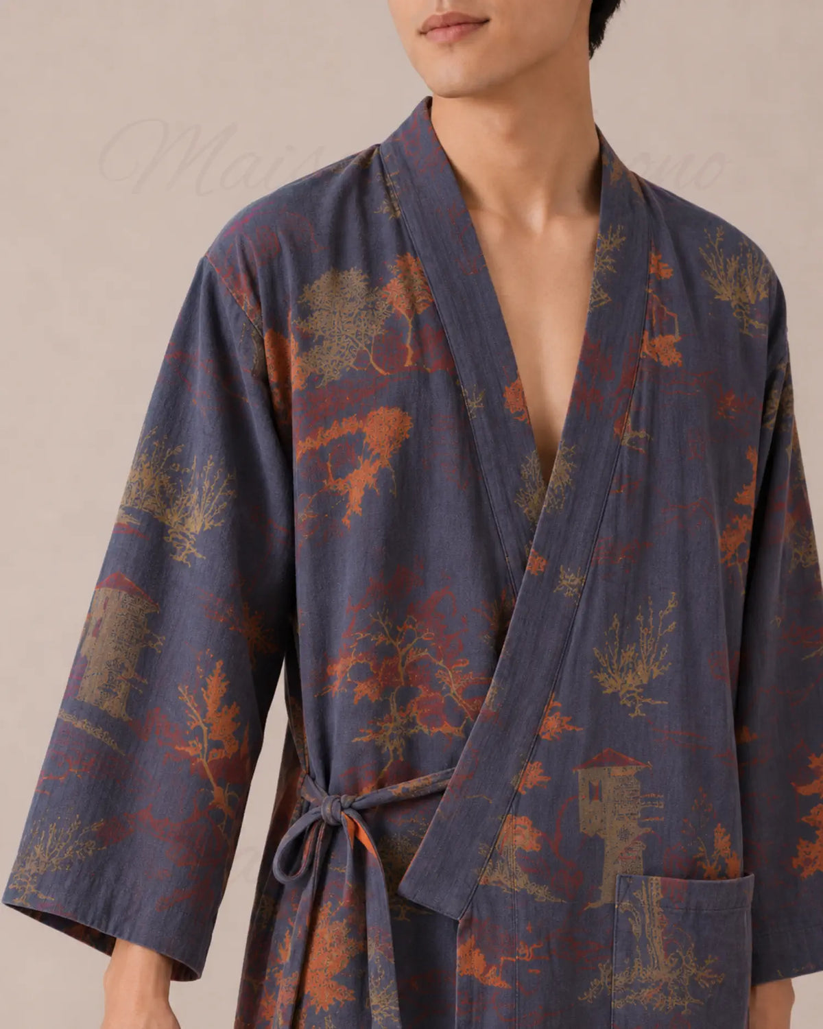 peignoir kimono homme coton bleu japonais