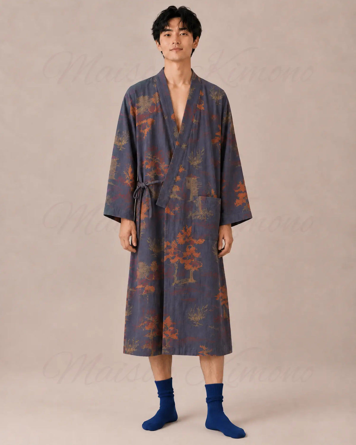 peignoir kimono homme coton bleu japonais