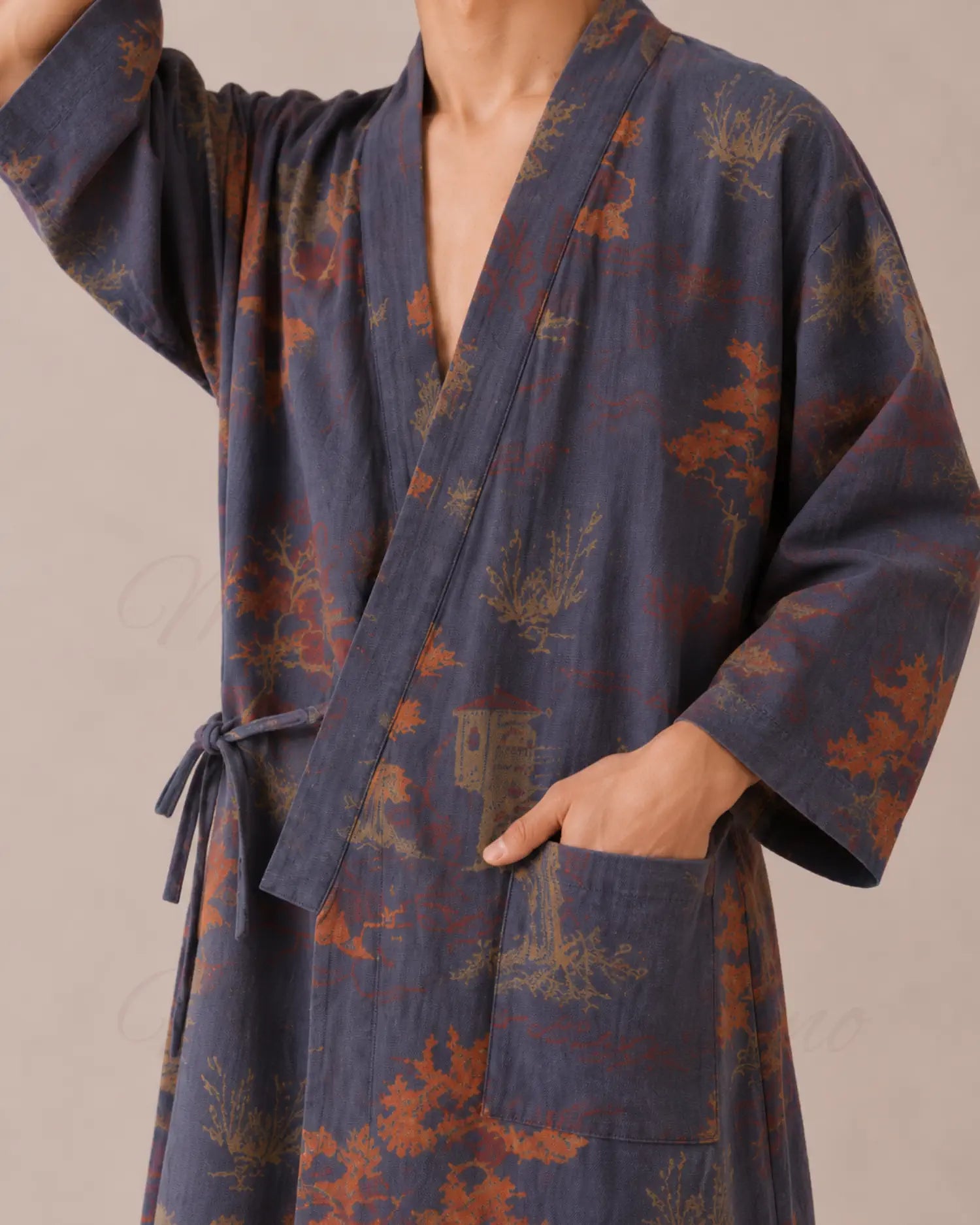 peignoir kimono homme coton bleu japonais