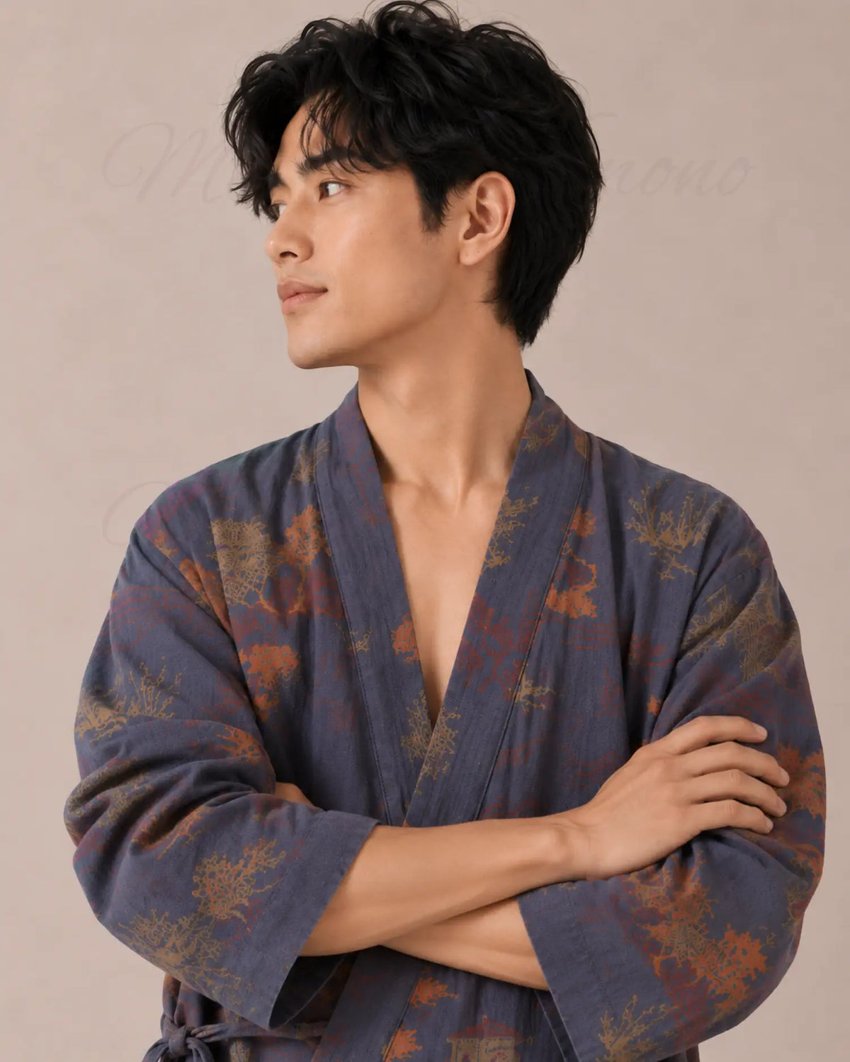 peignoir kimono homme coton bleu japonais