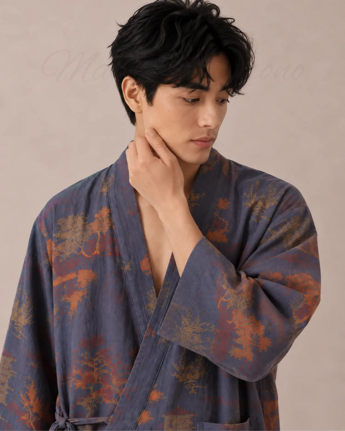 peignoir kimono homme coton bleu japonais