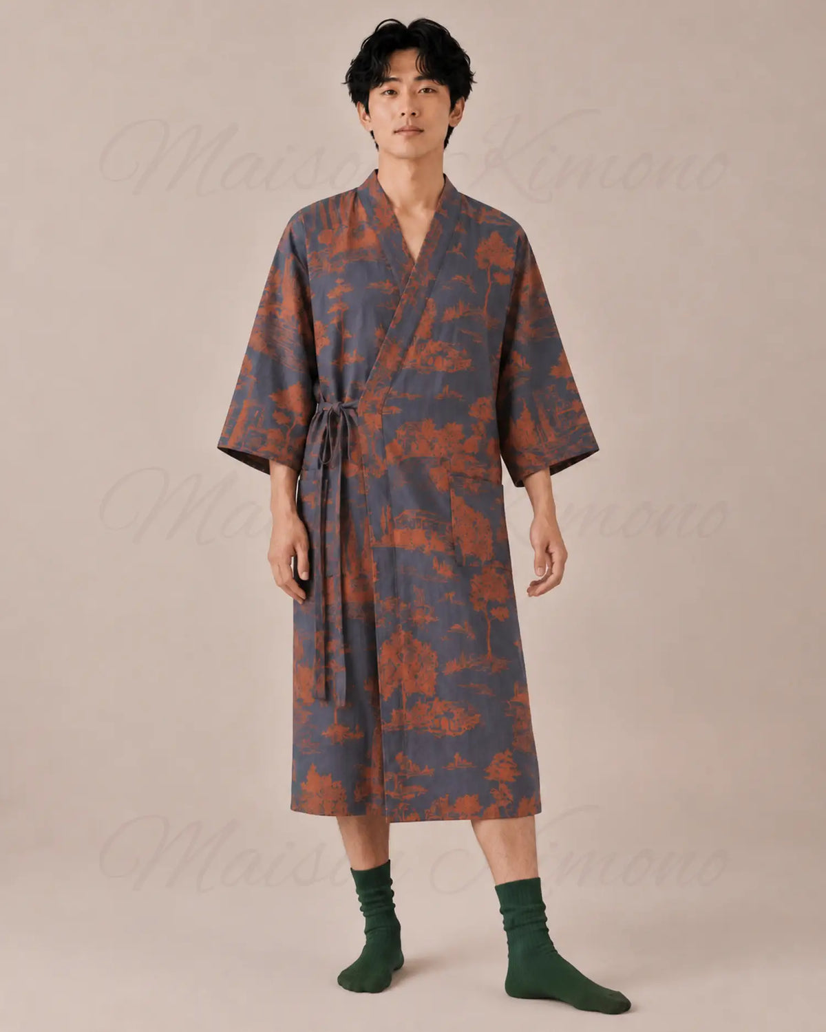 peignoir kimono homme coton bleu style japonais