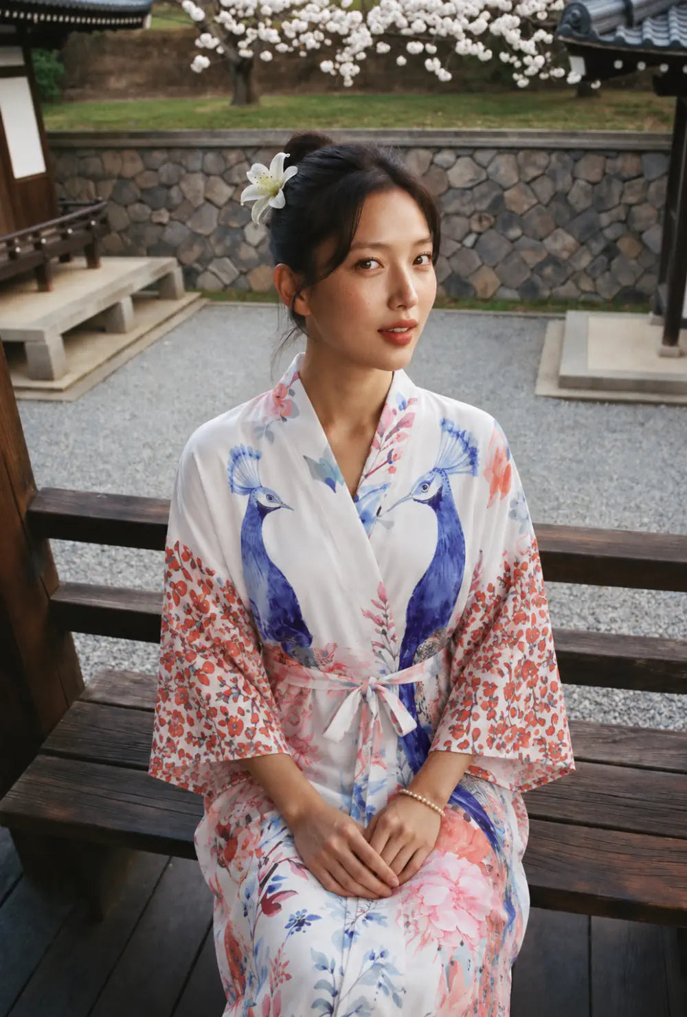 Robe japonaise femme blanche à motif paon et fleurs portée ceinturée assise sur un banc dans un jardin japonais