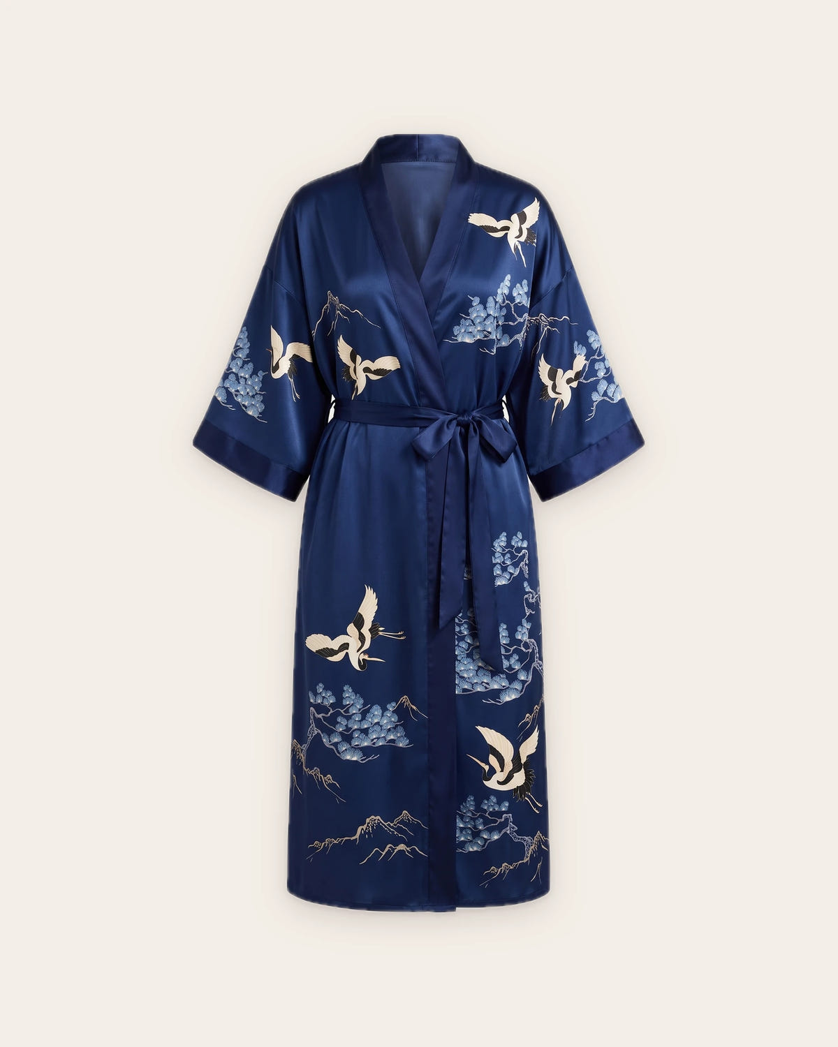 Robe japonaise femme bleu nuit satinée, vue de face