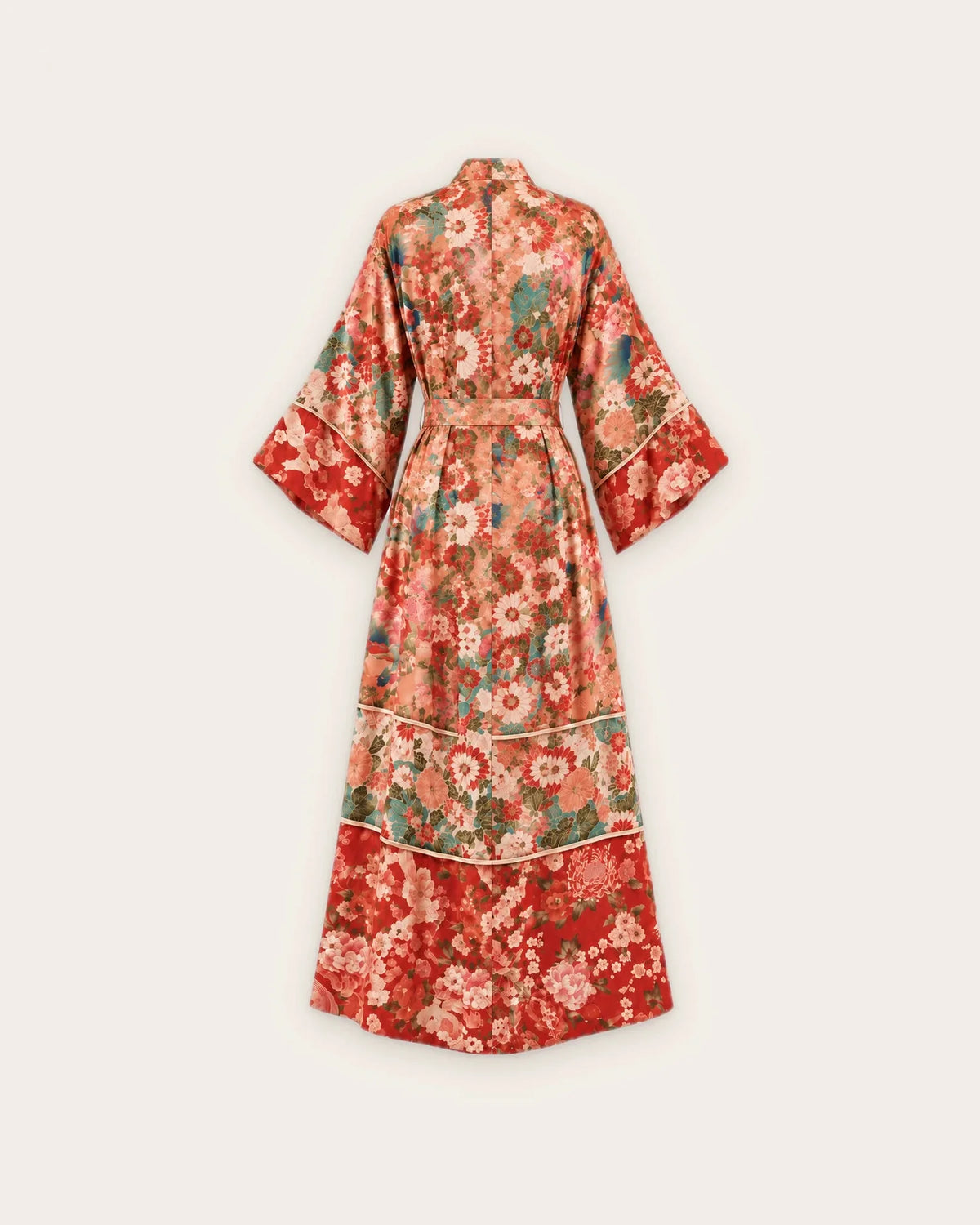 kimono plage femme rouge motifs floraux dos